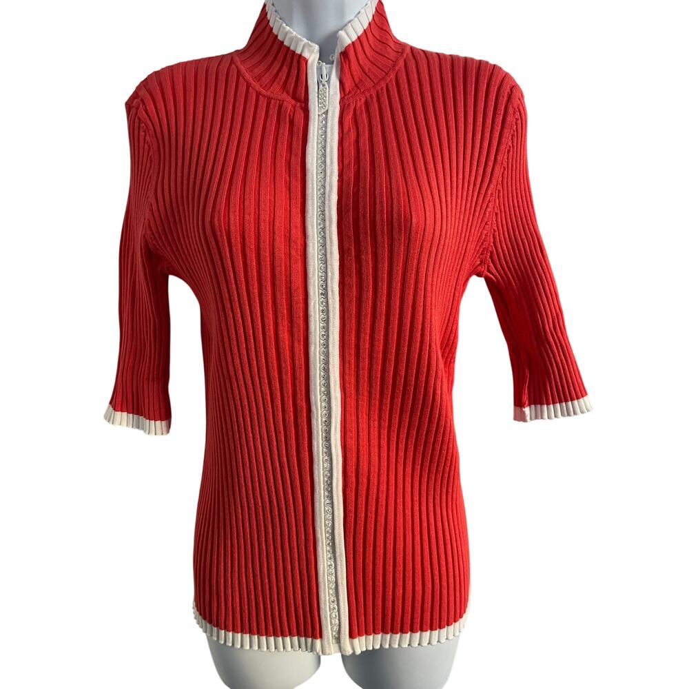 Beldini Ribbed Rhinestone Red Zip Up Sweater Coral White cream Zipper Trim  XL